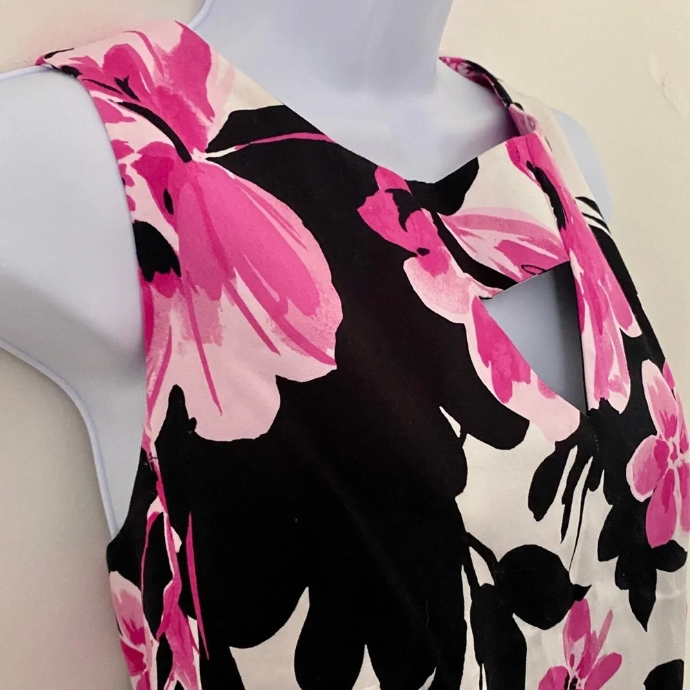 Nine West Black & Pink Floral Sleeveless Summer Shift Cocktail Dress w Pockets - Picture 6 of 12